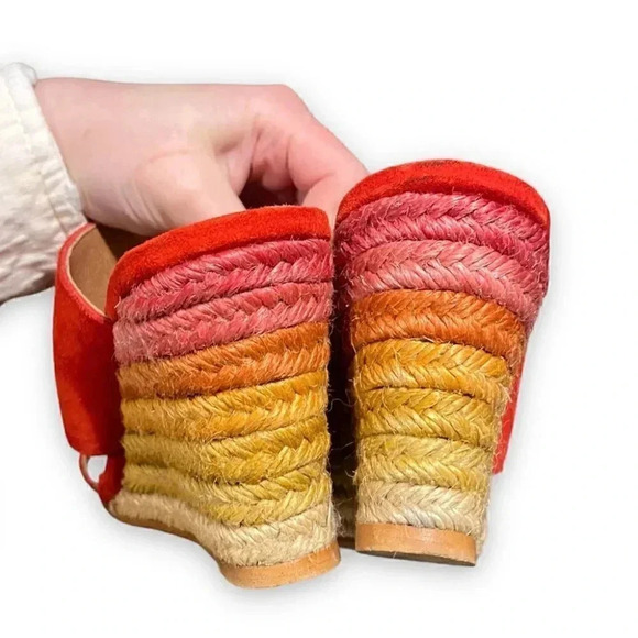 Free People Glorieta Red Suede Leather Espadrille Wedges Rainbow Ombre Size 37 - Picture 6 of 11